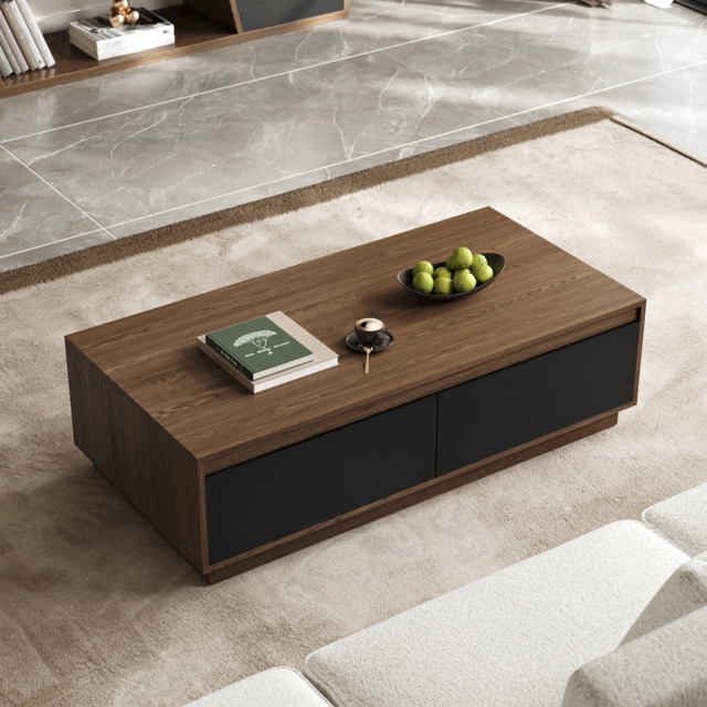 1200mm Mid Century Modern Black & Walnut Coffee Table Rectangular Block Living Room Table with Storage - image 1