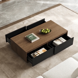 1200mm Mid Century Modern Black & Walnut Coffee Table Rectangular Block Living Room Table with Storage - thumbnail 3
