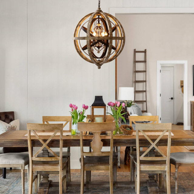 Retro Rustic Weathered Wooden Globe Metal Orb Crystal 5-Light Chandelier Medium - image 1