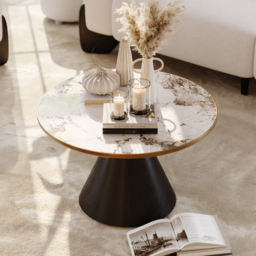 Sintered Stone Round Coffee Table Modern Black Living Room Furniture - thumbnail 3