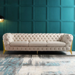 2300mm Beige Modern Chesterfield Sofa 3-Seater Button Tufted Velvet - thumbnail 1
