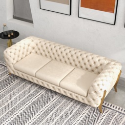 2300mm Beige Modern Chesterfield Sofa 3-Seater Button Tufted Velvet - thumbnail 4
