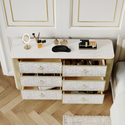 Art Deco 6 Drawer Dresser Capiz Shell Beige Chest Storage Cabinet with Sintered Stone Top - thumbnail 4