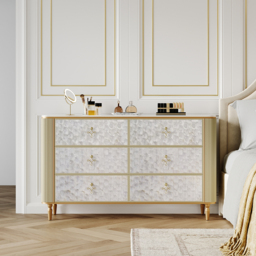 Art Deco 6 Drawer Dresser Capiz Shell Beige Chest Storage Cabinet with Sintered Stone Top - thumbnail 3