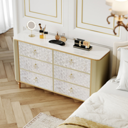 Art Deco 6 Drawer Dresser Capiz Shell Beige Chest Storage Cabinet with Sintered Stone Top