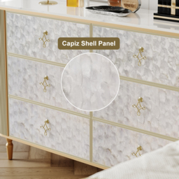 Art Deco 6 Drawer Dresser Capiz Shell Beige Chest Storage Cabinet with Sintered Stone Top - thumbnail 8