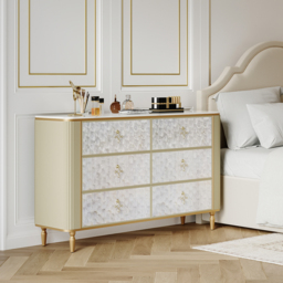 Art Deco 6 Drawer Dresser Capiz Shell Beige Chest Storage Cabinet with Sintered Stone Top - thumbnail 2