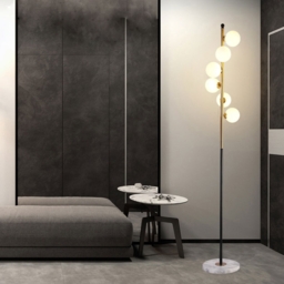 Modern White Globe Glass 6-Light Floor Lamp with Round Marble Base in Black and Gold - thumbnail 1