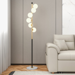 Modern White Globe Glass 6-Light Floor Lamp with Round Marble Base in Black and Gold - thumbnail 2