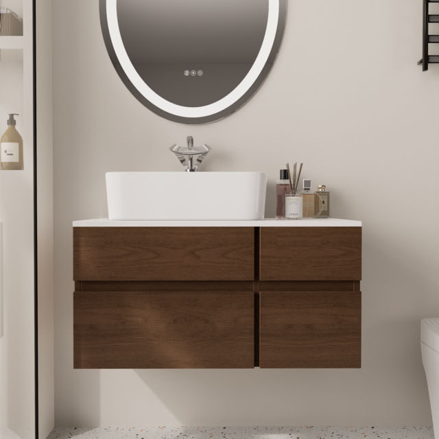 80 cm Floating Bathroom Vanity Cultured Marble Top Walnut with Ceramic Vessel Sink - image 1