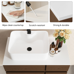 80 cm Floating Bathroom Vanity Cultured Marble Top Walnut with Ceramic Vessel Sink - thumbnail 6