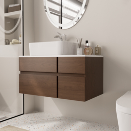 80 cm Floating Bathroom Vanity Cultured Marble Top Walnut with Ceramic Vessel Sink - thumbnail 2