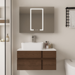 80 cm Floating Bathroom Vanity Cultured Marble Top Walnut with Ceramic Vessel Sink - thumbnail 4
