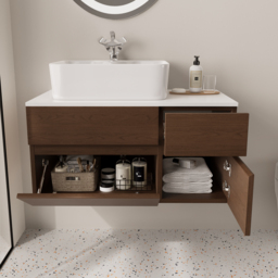 80 cm Floating Bathroom Vanity Cultured Marble Top Walnut with Ceramic Vessel Sink - thumbnail 3