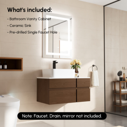 80 cm Floating Bathroom Vanity Cultured Marble Top Walnut with Ceramic Vessel Sink - thumbnail 9