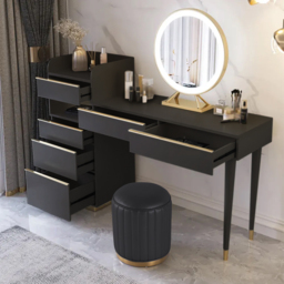 Modern Black Makeup Vanity Set Dressing Table with Lighted Mirror Cabinet & Stool - thumbnail 2
