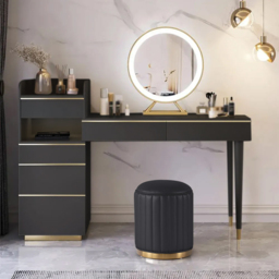 Modern Black Makeup Vanity Set Dressing Table with Lighted Mirror Cabinet & Stool - thumbnail 1