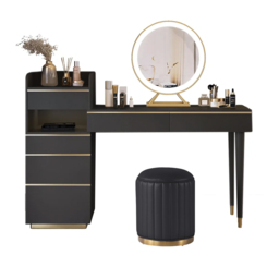 Modern Black Makeup Vanity Set Dressing Table with Lighted Mirror Cabinet & Stool - thumbnail 7