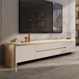 Modern 200 cm Off White TV Stand Sintered Stone Top with Storage - thumbnail 1
