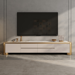 Modern 200 cm Off White TV Stand Sintered Stone Top with Storage - thumbnail 2