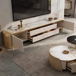 Modern 200 cm Off White TV Stand Sintered Stone Top with Storage - thumbnail 4