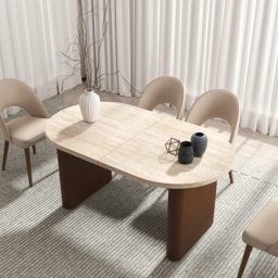 Fluve 160 - 200 cm Oval Extendable Matt Travertine Dining Table Butterfly Leaf 6-10 Seater - thumbnail 2