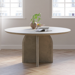 "53"" Small Round Dining Table for 6 Gray Solid Wood Tabletop Pedestal Base Modern" - thumbnail 1