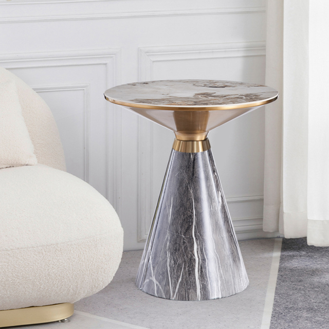 Gray & Gold Hourglass-Shape End Table with Sintered Stone Top & Stainless Steel Base - image 1