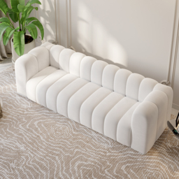 2230mm Modern White Velvet 3-Seater Sofa Channel Tufted Upholstered Luxury Solid Wood - thumbnail 5