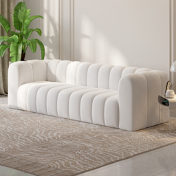 2230mm Modern White Velvet 3-Seater Sofa Channel Tufted Upholstered Luxury Solid Wood - thumbnail 2