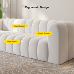 2230mm Modern White Velvet 3-Seater Sofa Channel Tufted Upholstered Luxury Solid Wood - thumbnail 9