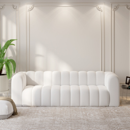 2230mm Modern White Velvet 3-Seater Sofa Channel Tufted Upholstered Luxury Solid Wood - thumbnail 1