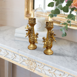 Set of 2 Gold Candle Holder Angels Statue Decoration Resin Pillar Candelabra - thumbnail 2