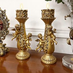 Set of 2 Gold Candle Holder Angels Statue Decoration Resin Pillar Candelabra - thumbnail 1