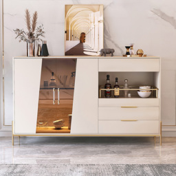 Dolawn 1400mm Light Khaki Sideboard Buffet Tempered Glass Doors & Shelf Tray Wine Rack - thumbnail 1