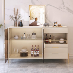 Dolawn 1400mm Light Khaki Sideboard Buffet Tempered Glass Doors & Shelf Tray Wine Rack - thumbnail 3