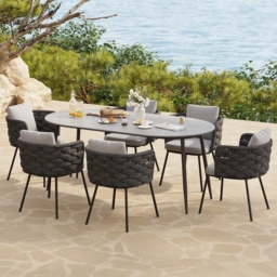 Set of 2 Modern Dark Grey Aluminium Rattan Outdoor Dining Chairs with Armrests – Durable & Weather-Resistant for Patios, Gardens, or Balconies - thumbnail 6