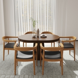 Chairs Upholstered Leather Curved Back Walnut Wooden Armchair  Oval&Round Dining Table Extendable Table Pedestal 6-Seater Japandi Walnut - thumbnail 3