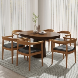 Chairs Upholstered Leather Curved Back Walnut Wooden Armchair  Oval&Round Dining Table Extendable Table Pedestal 6-Seater Japandi Walnut - thumbnail 2