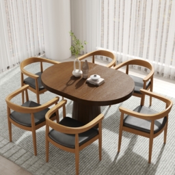 Chairs Upholstered Leather Curved Back Walnut Wooden Armchair  Oval&Round Dining Table Extendable Table Pedestal 6-Seater Japandi Walnut
