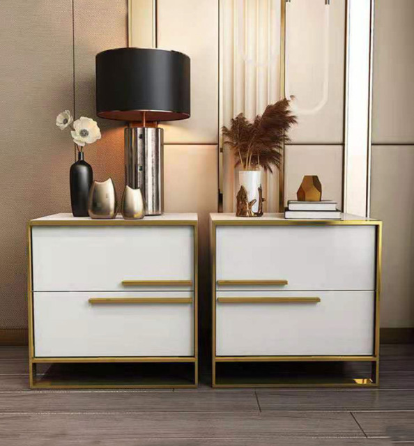 Nightstand Set of 2 White Square Bedside Table with 2 Drawers Minimalist Design in Gold - image 1