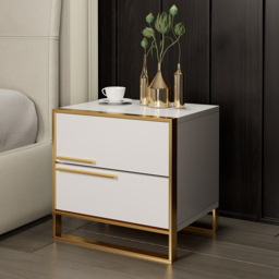 Nightstand Set of 2 White Square Bedside Table with 2 Drawers Minimalist Design in Gold - thumbnail 6
