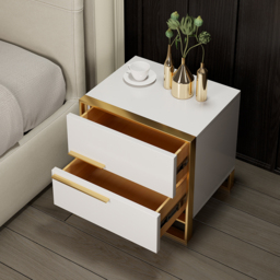 Nightstand Set of 2 White Square Bedside Table with 2 Drawers Minimalist Design in Gold - thumbnail 7