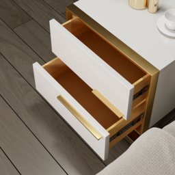 Nightstand Set of 2 White Square Bedside Table with 2 Drawers Minimalist Design in Gold - thumbnail 8