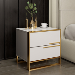 Nightstand Set of 2 White Square Bedside Table with 2 Drawers Minimalist Design in Gold - thumbnail 4
