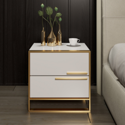Nightstand Set of 2 White Square Bedside Table with 2 Drawers Minimalist Design in Gold - thumbnail 5