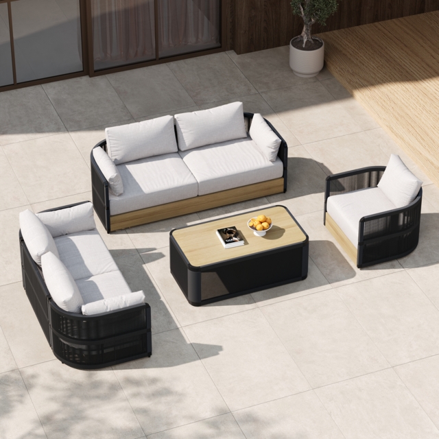 4-piece Modern Aluminium & Rope Garden Swivel Sofa Set with Coffee Table in Black for 6 People, Modern Wood Garden & Yard Rope Sofa Set - image 1