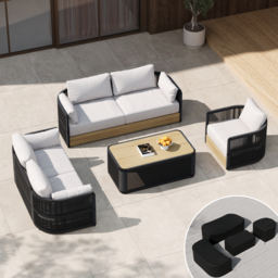 4-piece Modern Aluminium & Rope Garden Swivel Sofa Set with Coffee Table in Black for 6 People, Modern Wood Garden & Yard Rope Sofa Set - thumbnail 4