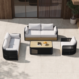 4-piece Modern Aluminium & Rope Garden Swivel Sofa Set with Coffee Table in Black for 6 People, Modern Wood Garden & Yard Rope Sofa Set - thumbnail 3