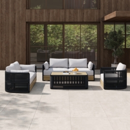 4-piece Modern Aluminium & Rope Garden Swivel Sofa Set with Coffee Table in Black for 6 People, Modern Wood Garden & Yard Rope Sofa Set - thumbnail 2